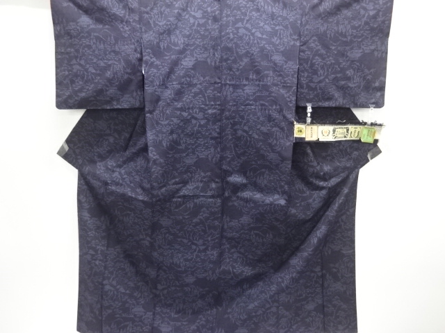 家屋風景模様織り出し本場結城紬100亀甲着物(石下)